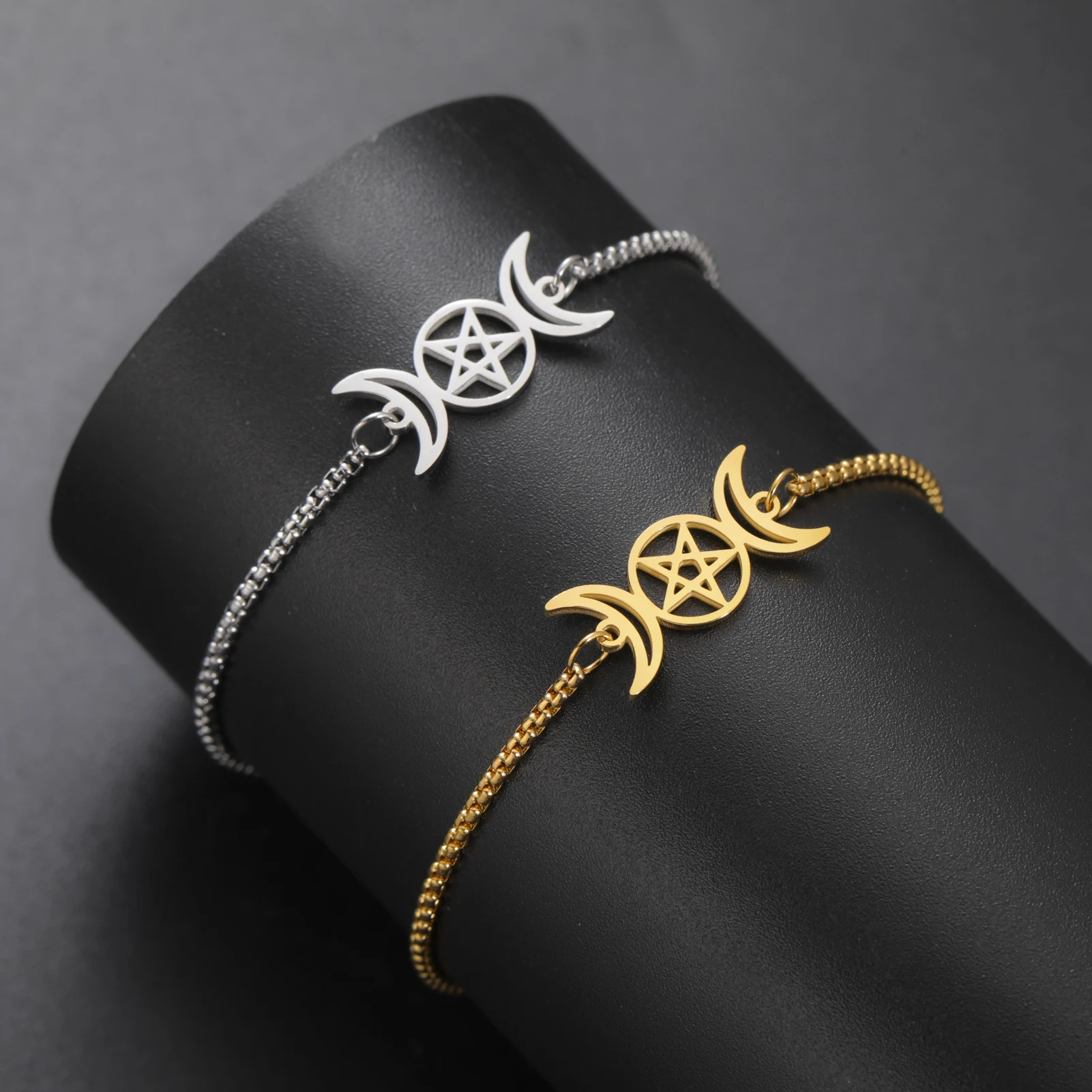 COOLTIME Triple Moon Goddess Bracelet for Women Men Stainless Steel Pentagram Magic Wicca Amulet Bracelet Jewelry Birthday Gift