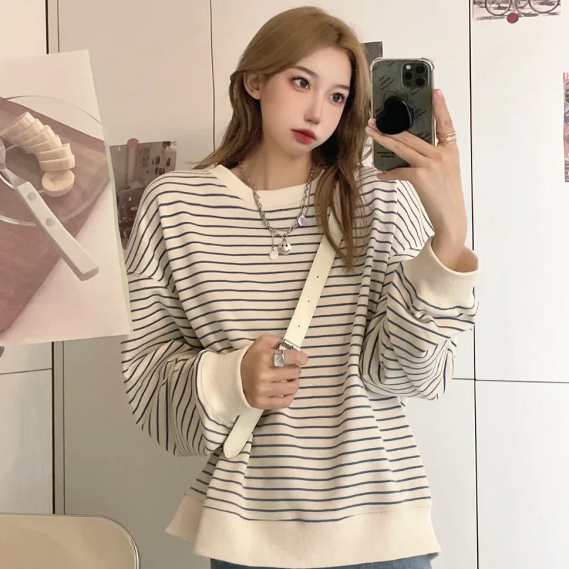 Damen Herbst Aprikosenfarben Gestreiftes Neues T-Shirt Mädchen Studenten Koreanischer Stil Locker Sitzendes Oberteil Sweatshirt Rundhals Pullover Langarm T-Shirt – Detail 3