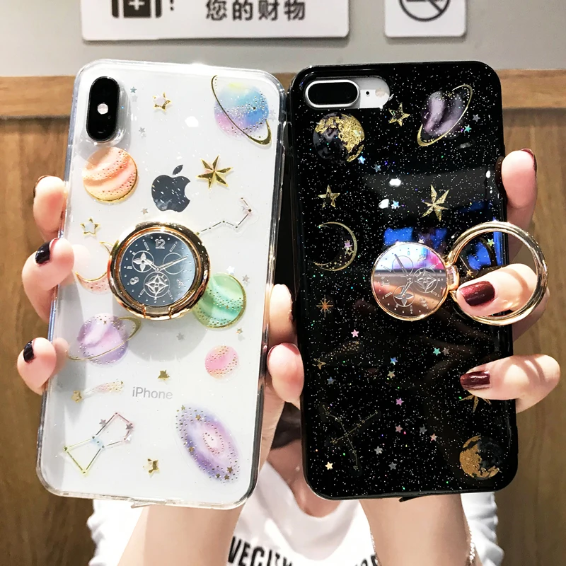 Fashion Shining Glitter Space planet phone Cases For Huawei Mate 20Pro P40 P30 Lite Soft silicon Star back Cover Case Stand Ring