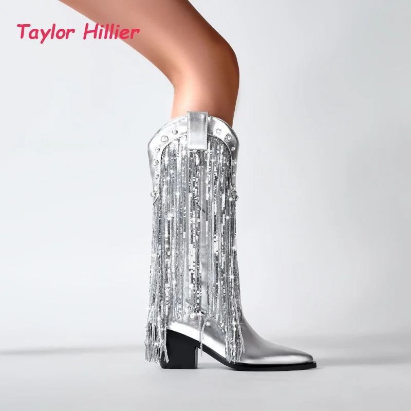 Silver Fringe Rhinestone Western Cowboy Boots Fashion Pointed Toe Non-Slip Chunky Heel Mid Calf Zipper Boots for Women