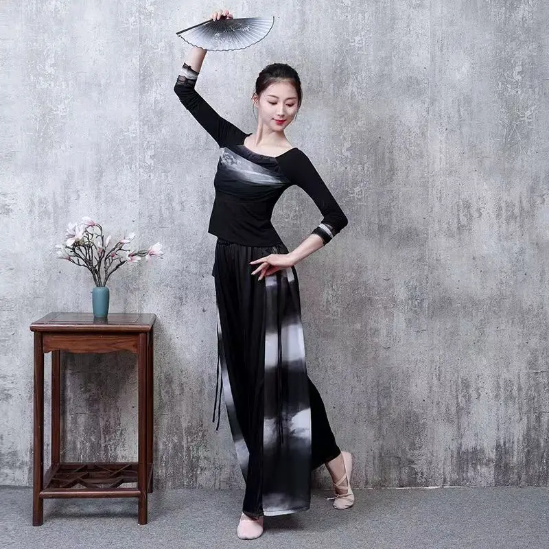 Modern Dance Classical Dance Mesh Ruffles Top Performance  Practice Costume Yoga Flowing Black Tie-dye Cheongsam Wide Leg Pants