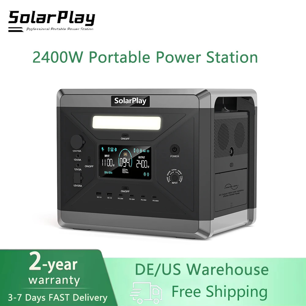 SOLARPLAY Q2501 Portable Power Station 2400W (4800W Peak) 2160WH LiFePO4 Solar Generator 675000mAh With AC Outlets for Home UPS