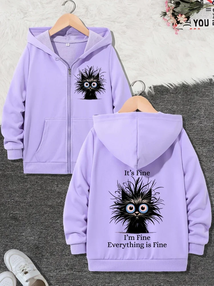 Kids Light Purple Zip Up Hoodie Messy Black Cat It’s Fine Everything Is Fine Print Front And Back Long Sleeve Pocket Hooded Jack