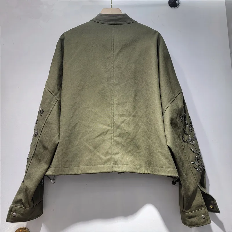 2026 Spring Autumn New Fashion Women's Denim Coat O-neck Drawstring Zipper Apricot Beading Embroidered Design Jackets