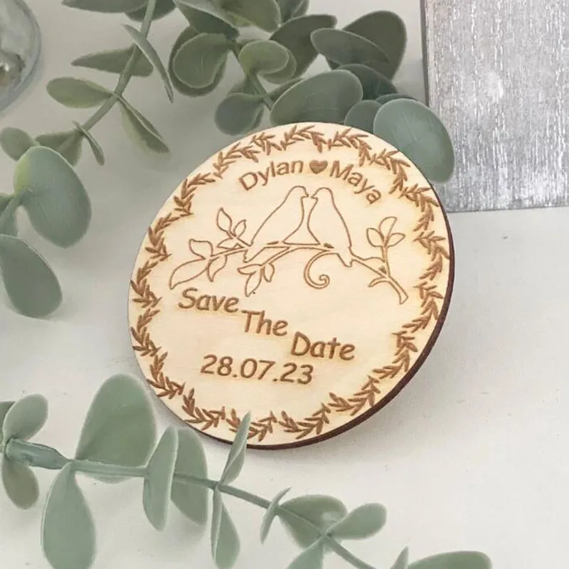 Magnete da sposa rustico personalizzato, salva la data, magnete da frigorifero in legno, accessorio per invito a nozze per gli ospiti, bomboniera