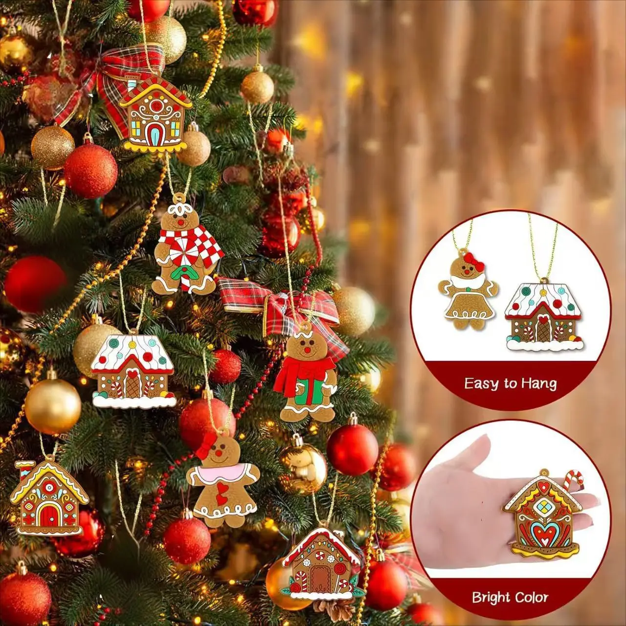 Wooden 16Pcs Gingerbread Men's Christmas Tree Decoration for Motorcycle Handlebars, Rearview Mirrors Decoration Pendant