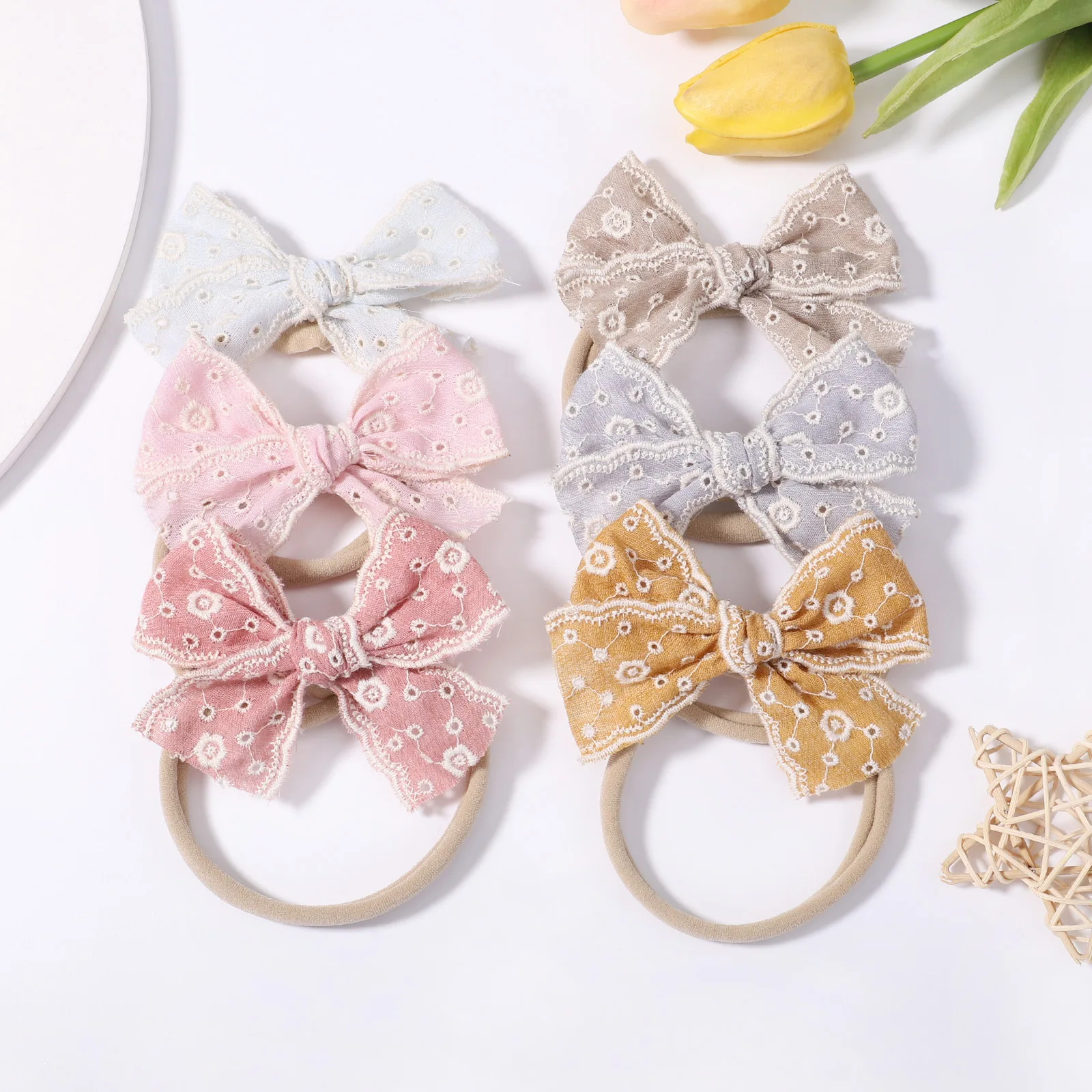 

30 Pcs/Lot, 3.6 Inch Embroidery Fabric Handtied Bow Baby Headbands, Kids Girls Hair Accessories Photo Props