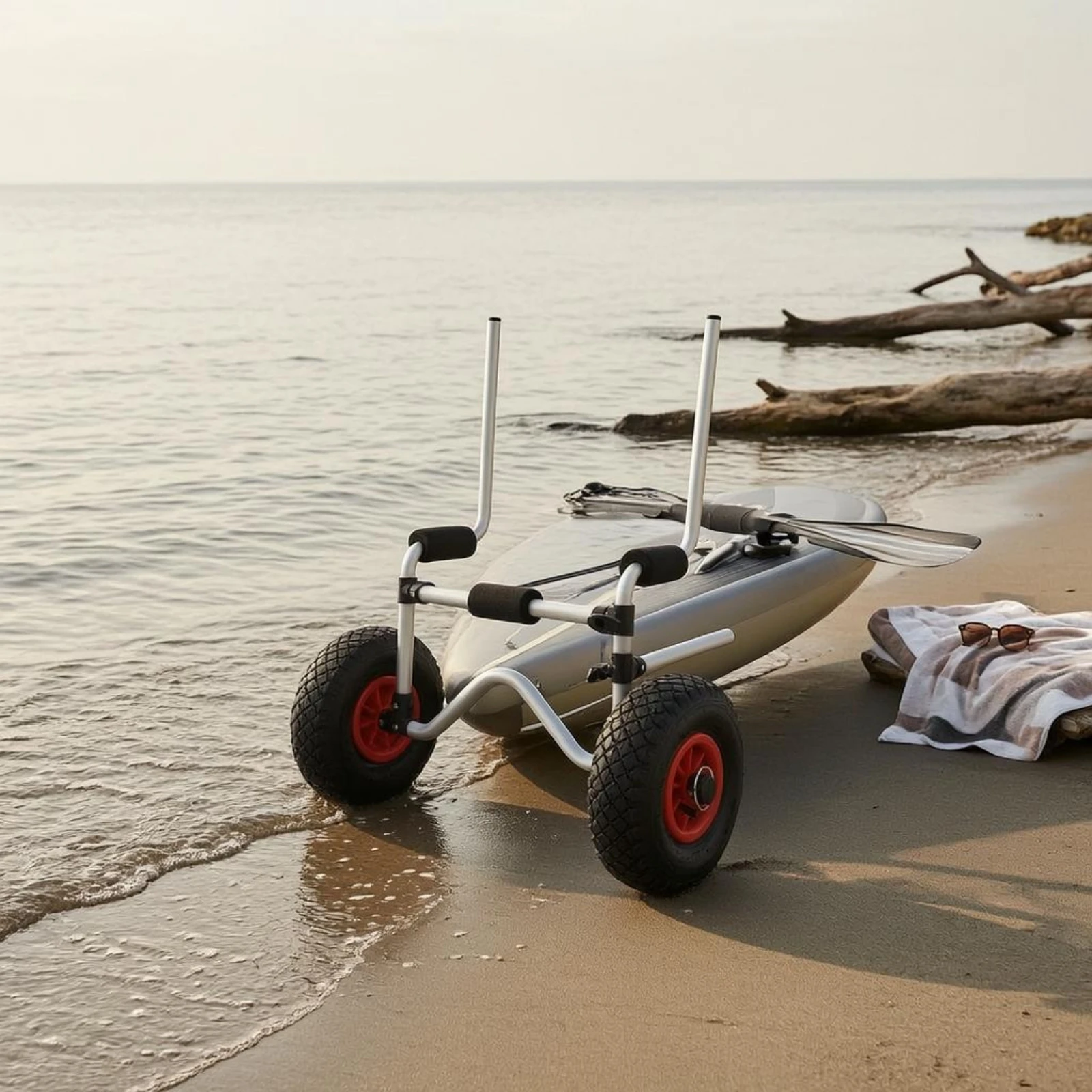 Sit-on-Top Kayak Carrier Cylindrical Metal Frame Sit on Top Kayak Carrier Water Sports Gear Treaded Wheels Foam-Padded