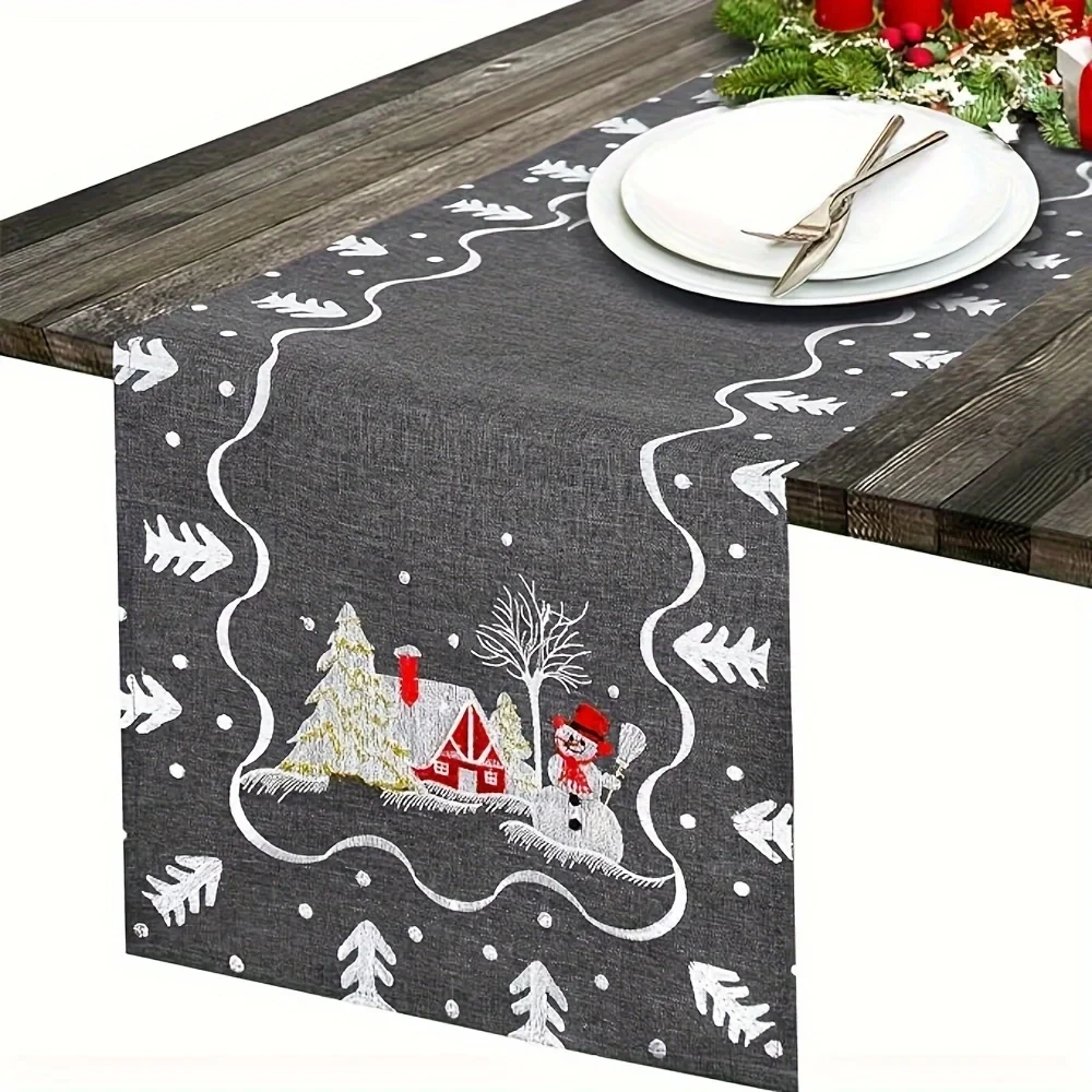 Weihnachten Schneemann Kabine Tischläufer Schwarz Weiß Festliche Feiertage Tischdekoration Langlebig Zuhause Esszimmer Party für Winter Ambiente