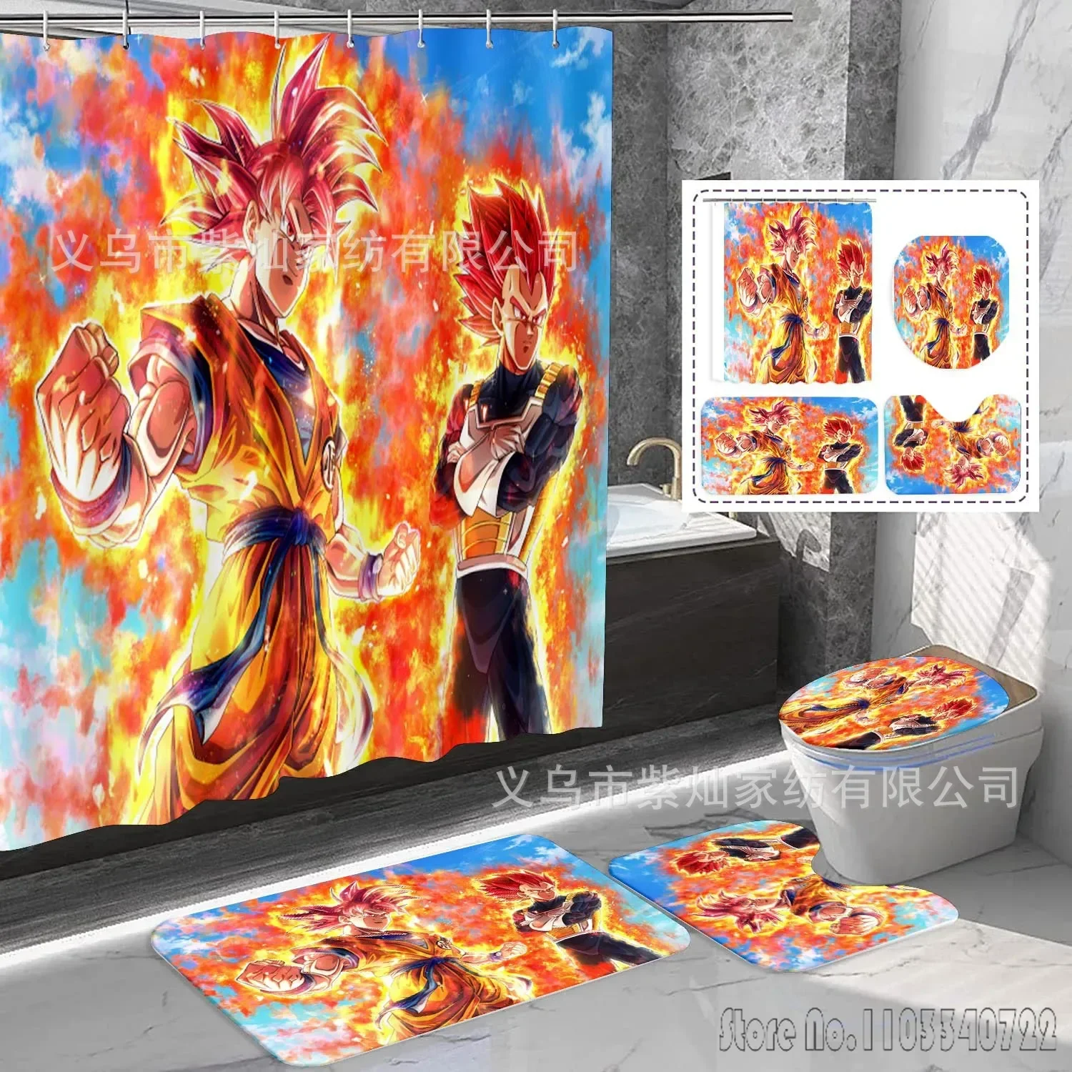 2026 Anime Dragon Ball Son Goku Shower Curtain Set 4pcs Waterproof Bathroom Drapes Anti-slip Rug Toilet Lid Cover Bath Mat