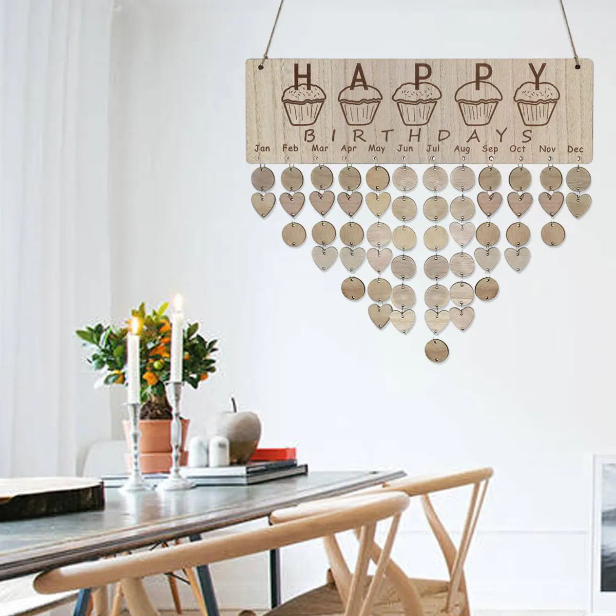

Wooden Birthday Calendar Plaque Nordic Birthdays Reminder Board Hanging Rope 50 Iron Rings 50 Wood Discs Family