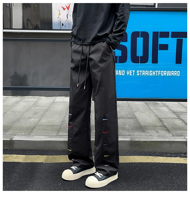 Bunte Herrenhose mit Ziernähten, weitem Bein, elastischem Bund, Kordelzug, lockerer, gerader Schnitt, lässige Streetwear-Sport-Hose – Detail 19