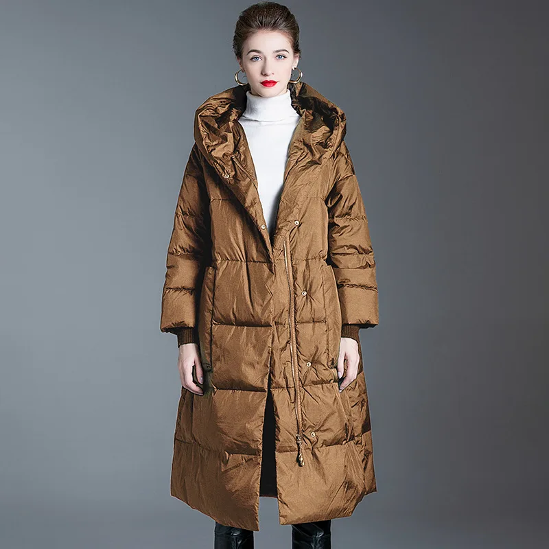 Luxo de alta qualidade acolchoado jaqueta quente inverno feminino puffer jaqueta longo pato branco para baixo trench coat tendência casaco com capuz