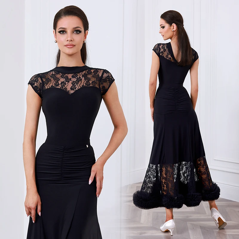 

Танцевальное платье для бальных танцев, стандартное, для женщин, для вальса, современный костюм для выступлений, черное кружевное боди с юбкой, одежда для бальных танцев AMY2553