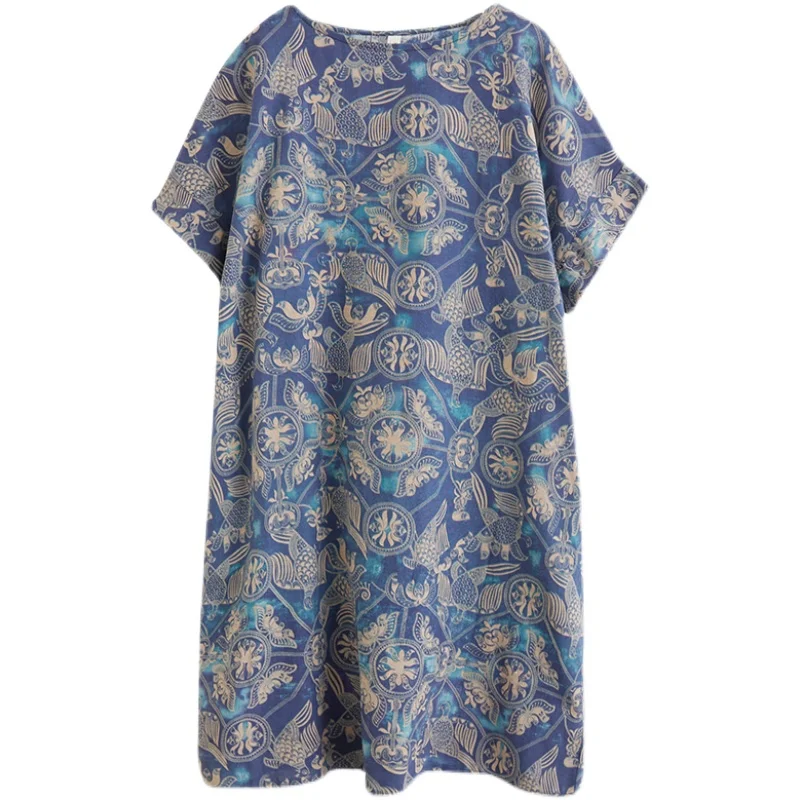 Stampa floreale in cotone e lino Batwing Sve round Ne Midi Dr plus Size Donna Comoda vestibilità ampia Estate Dr