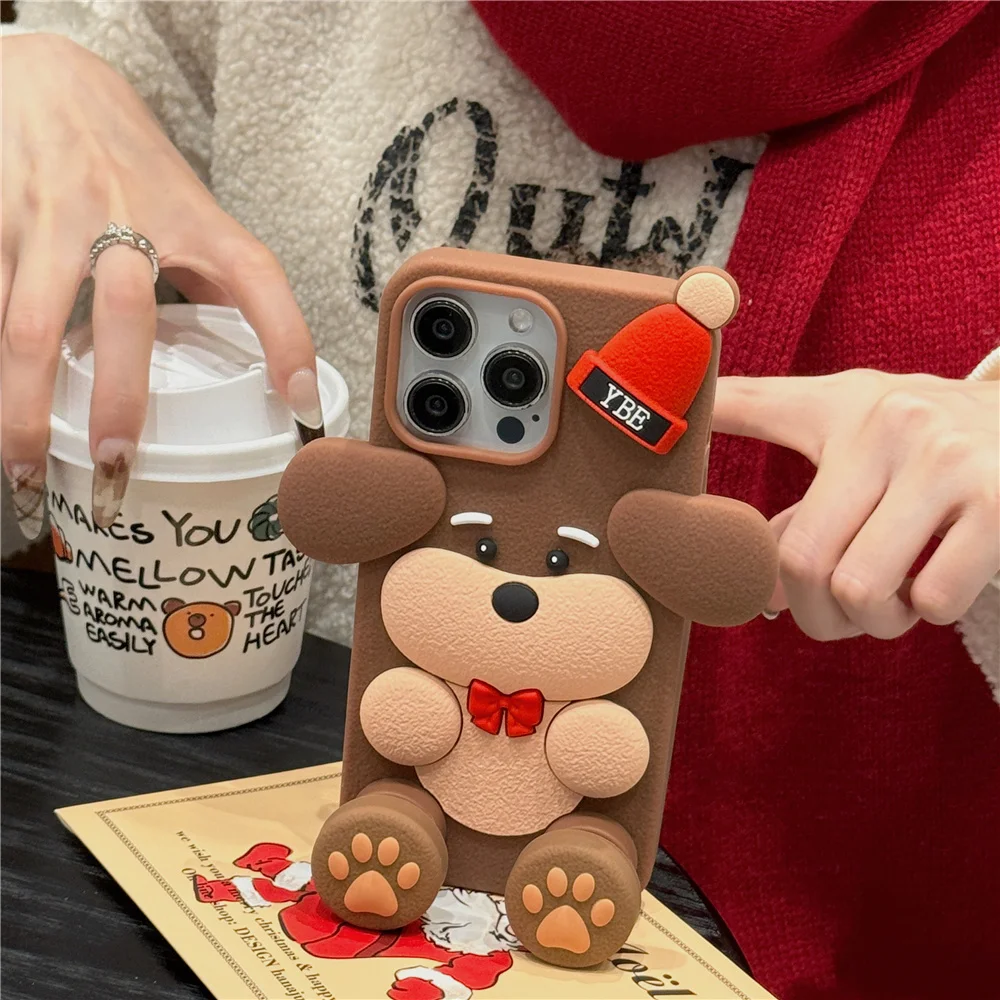 Case for Apple Iphone 16 promax Protect Cover for iphone 15 14 13 12 11 Silicon Shell 3D Hear Bear Cute Lovely With Stand Holder