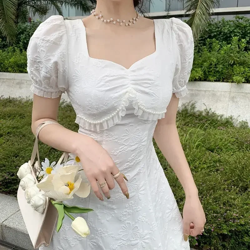 

2024 New Summer Skirt Super Fairy Casual Girl Dress Shows Thin Waist and Fashionable Bubble Sleeve Elegant White Dress