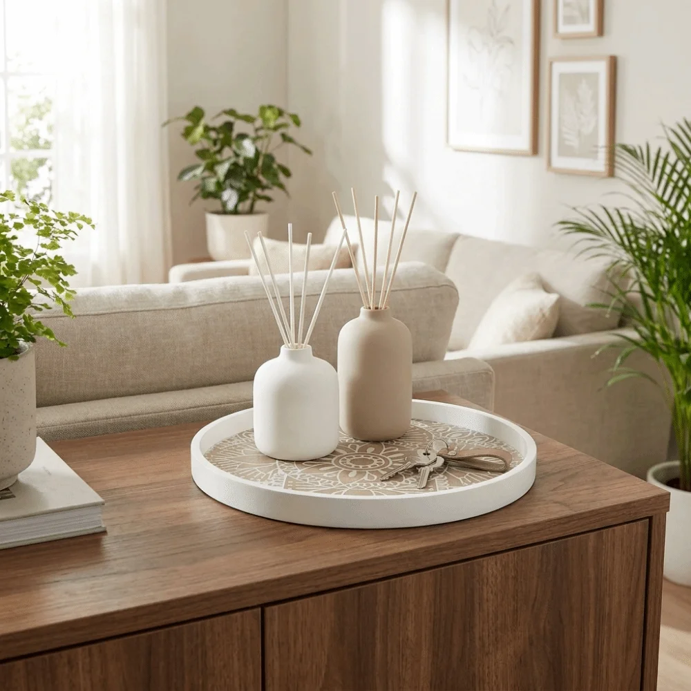 Round Wooden Serving Tray Decorative Space Saving Circular Serving Platter Large Capacity Fruit Storage Tray Kitchen Use