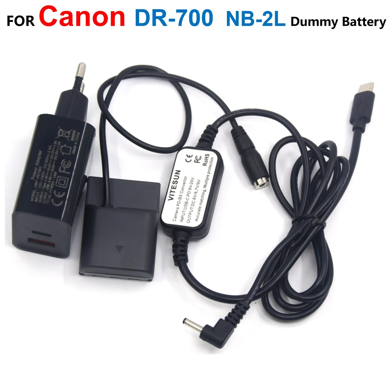 

DR-20 Dummy Battery NB-2L+ACK-DC20 USB Type-C Power Bank Cable+PD Charger For Canon S60 S70 S80 S50 G7 G9 EOS 350D 400D Rebel XT