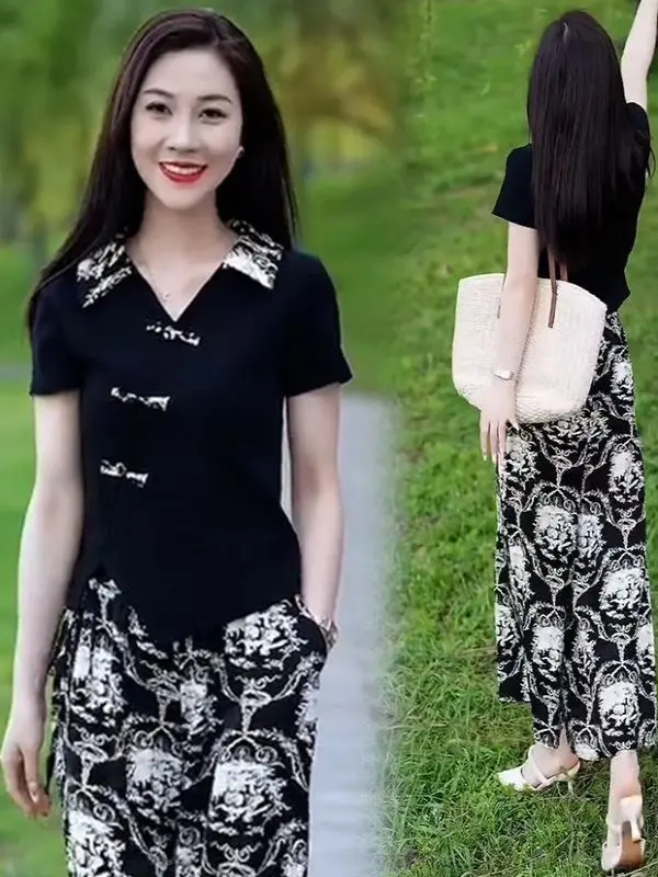 

Новый повседневный комплект в китайском стиле, женский летний комплект 2023, новая футболка с воротником-стойкой на пуговицах, широкие брюки, комплект из двух предметов