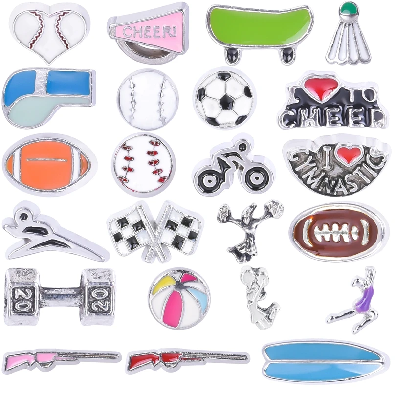 20Pcs/Lot Sports Basketball Baseball Soccer Rugby Floating Charms I Love Gymnastic Bike Pendant For Necklaces Jewelry