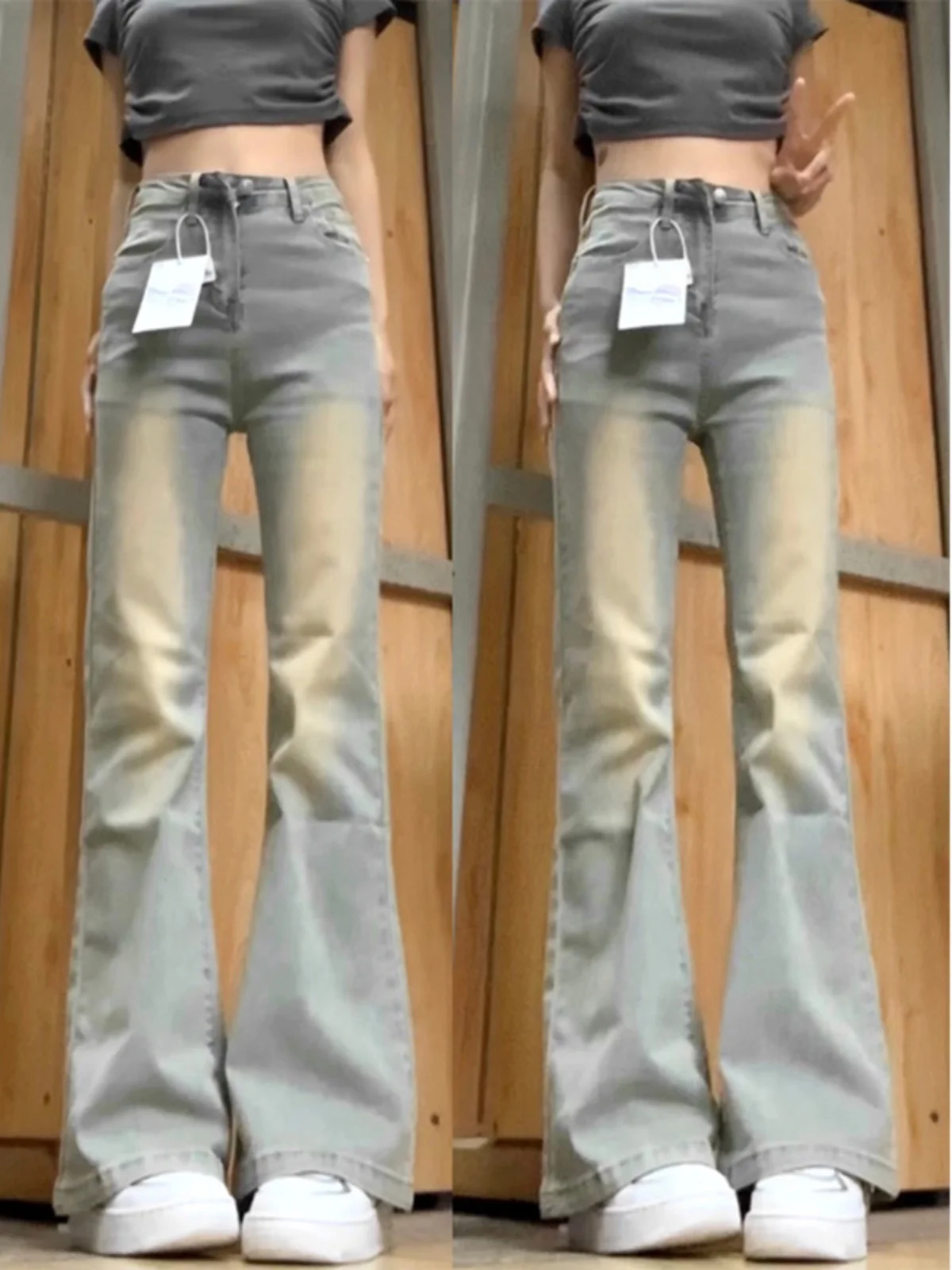 

American Retro High Waist Bell Bottom Jeans Women's Spring Design Sensible plus Size Straight Leg Floor Length Pants