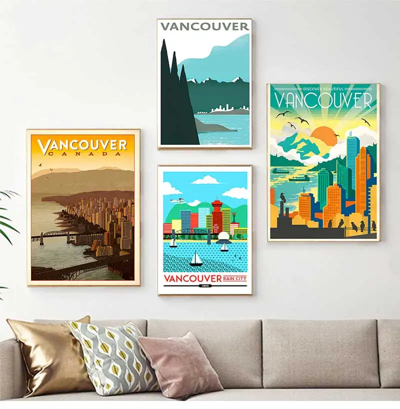 Vintage Retro Travel Classic Canvas Paintings Kraft Posters Wall Stickers Home Decor Family Gift Rain City Canada Vancouver Map