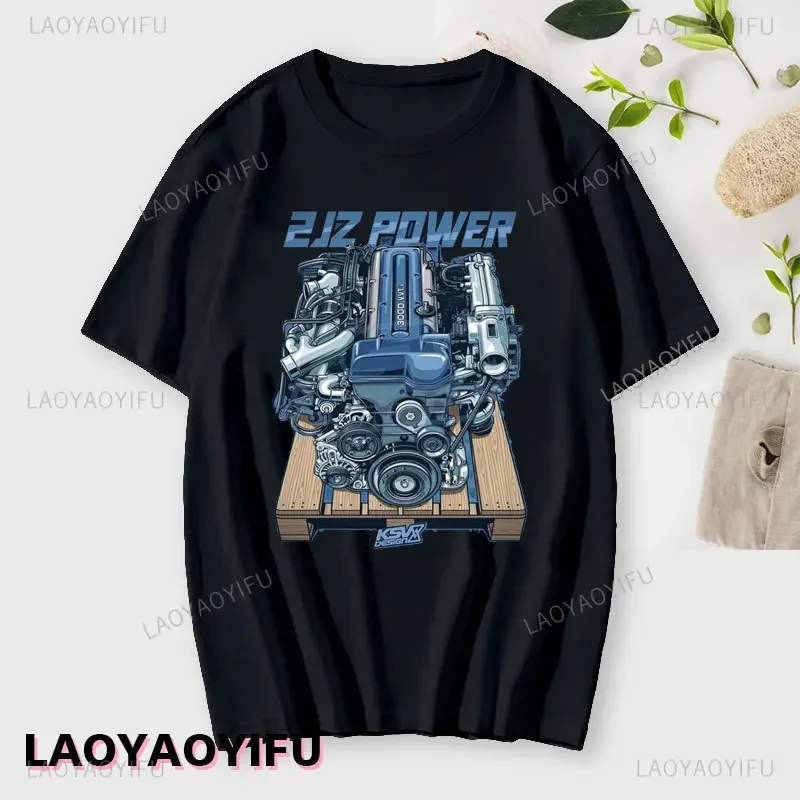 Japan Car 2JZ Engine Turbo Tuning JDM Printing T-Shirt Summer Fashion Casual Cotton O-Neck Mens Tshirt Personality Mans Clothing