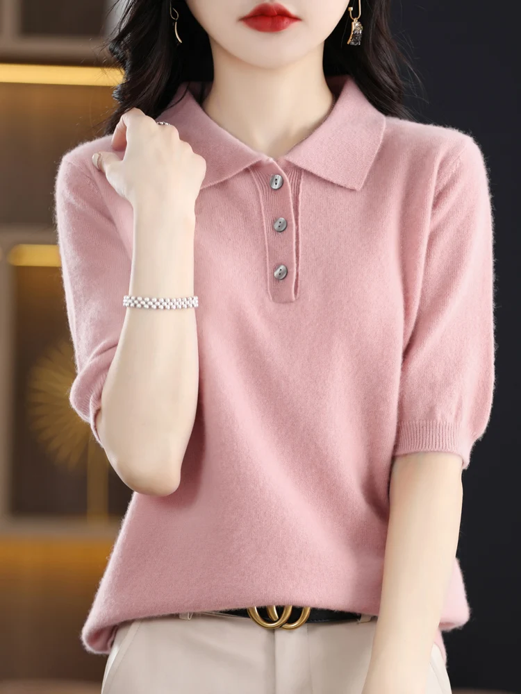 Women Polo Neck Short Sleeve Pullover 100% Merino Wool Knitwear Sweater Female T-shirt For Spring Summer Grace Clothing Tops