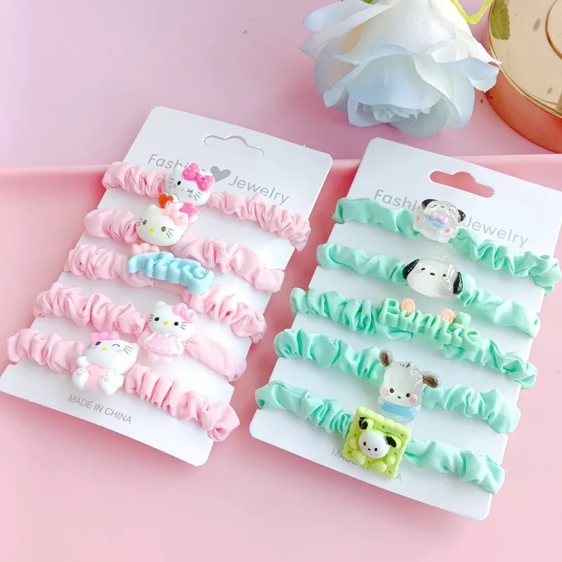 Sanrio-set de 5 coleteros para el pelo de Hello Kitty, accesorios para el cabello de dibujos animados, Pochacco Kuromi My Melody, banda de goma, regalo para niñas