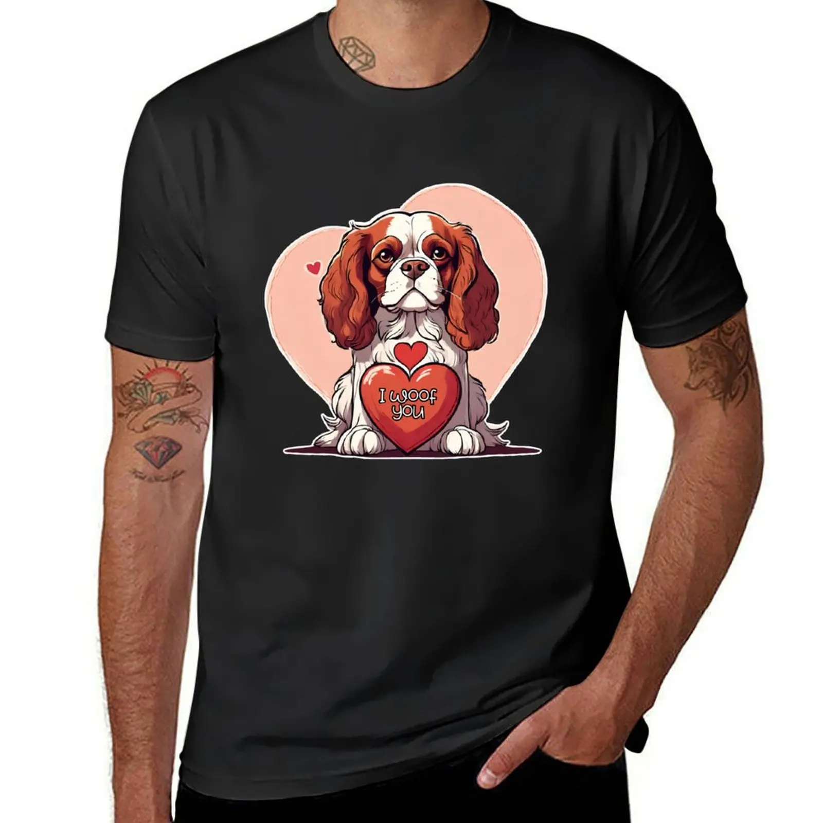 

Милая футболка Valentine Cavalier Charles King Spaniel Dog I Woof You-С Днем Святого Валентина, мужские забавные футболки большого размера