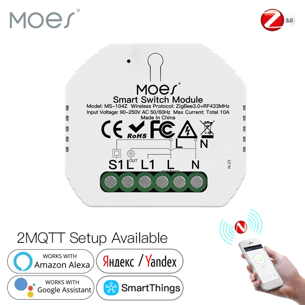MOES 1 Gang Zigbee RF Smart Switch Module 10A Hidden In-wall Relay Module Tuya Smart Life App Alexa Google Yandex Control
