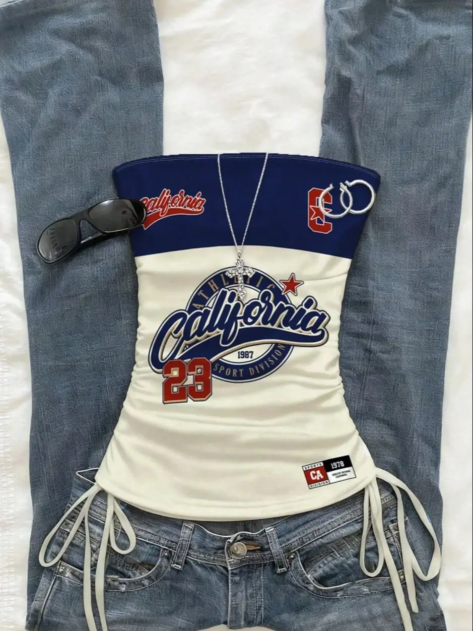 Haut court d'été pour femmes, débardeur conique avec cordon de serrage et cravate sur le devant, haut à bretelles imprimé sportif à la mode