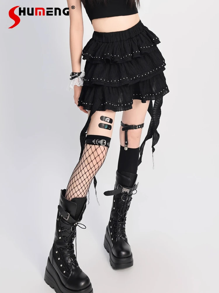 

Subculture Punk Street Fashion Skirt Hot Girl Mini Short Pleated Skirt Women's High Waist Slimming Tassel Cake Skirts Summer