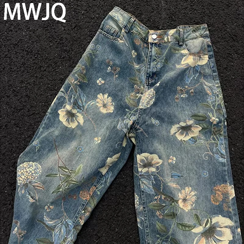 

MWJQ Hiphop Washed Printed Design Jeans Men's American High Street Loose Casual Pants Vibe Style Spring straight Pants 010162