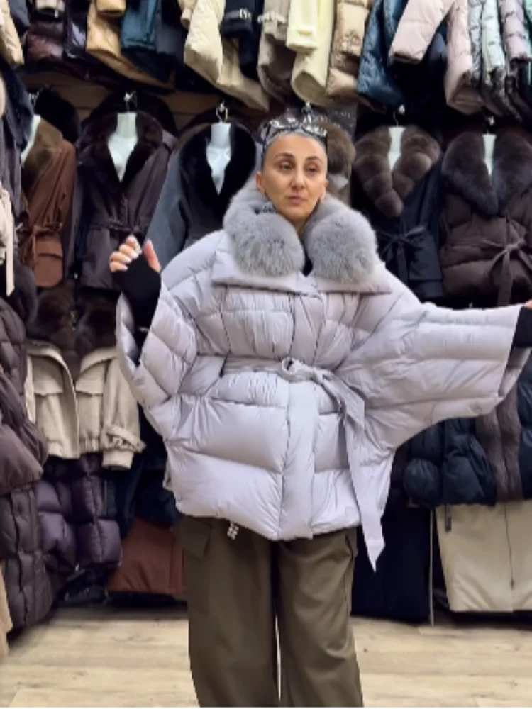 Women Winter Puffer Coat Oversized Loose Fit Large Faux Fur Collar Belted Waist Quilted Windproof Outerwear For Daily Streetwear