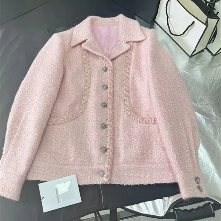 Customization European women's clothing for summer 2026 - new styles Long-sleeved pink suit collar single-button tweed coat