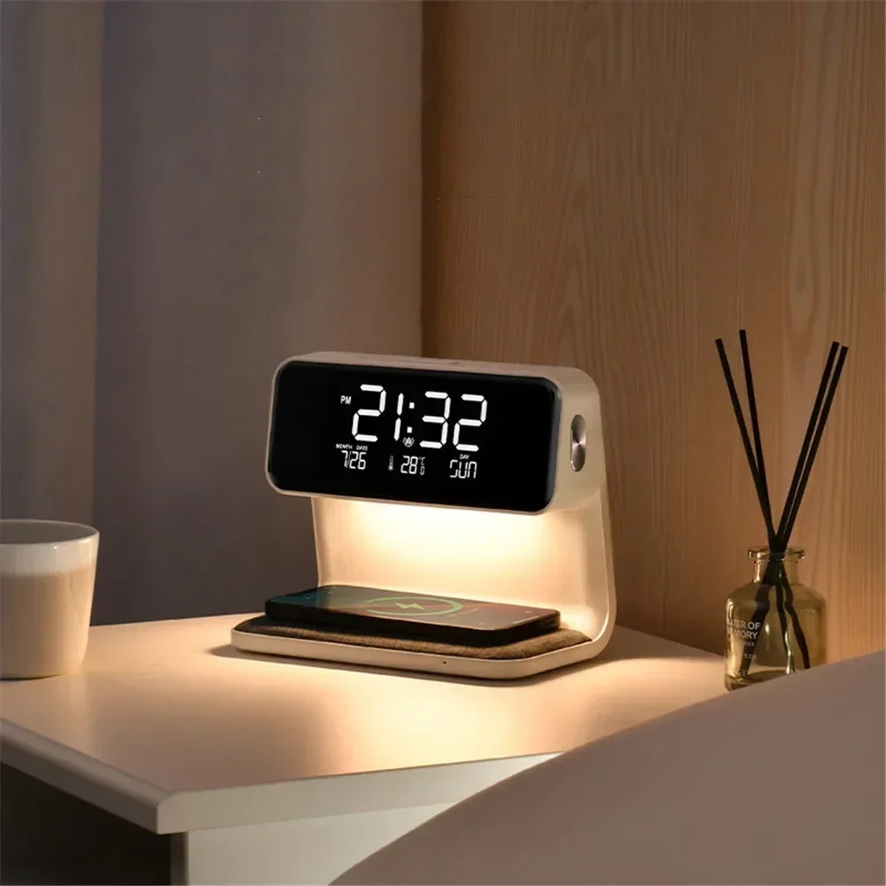 LED Adjustable Night Light 10W Wireless Charge with Digital Alarm Clock Touch Bedside Atmosphere Desk Lamp Brightness Bedroom