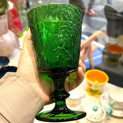 Thickened Red Wine Glass Medium Cup Green Forest Retro Pressed Glass Goblet Water Cup