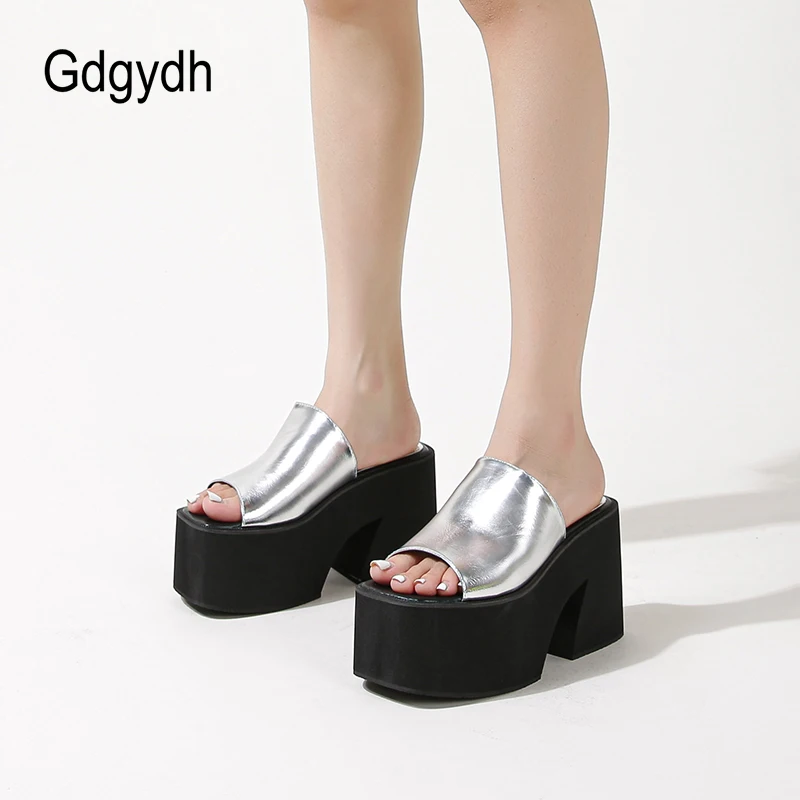 Gdgydh Platform Chunky Heels Sandals Solid Color Open Toe Slip On Casual Outdoor Slippers High Heels Backless Shoes Non Slip