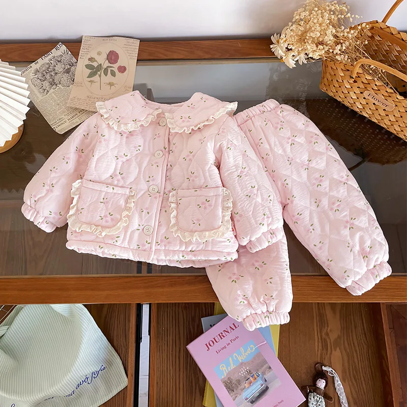 Children's Fleece Set 2025 Winter Lace Floral Girls Fleece Thicker Set Fashion Casual Baby Clothing