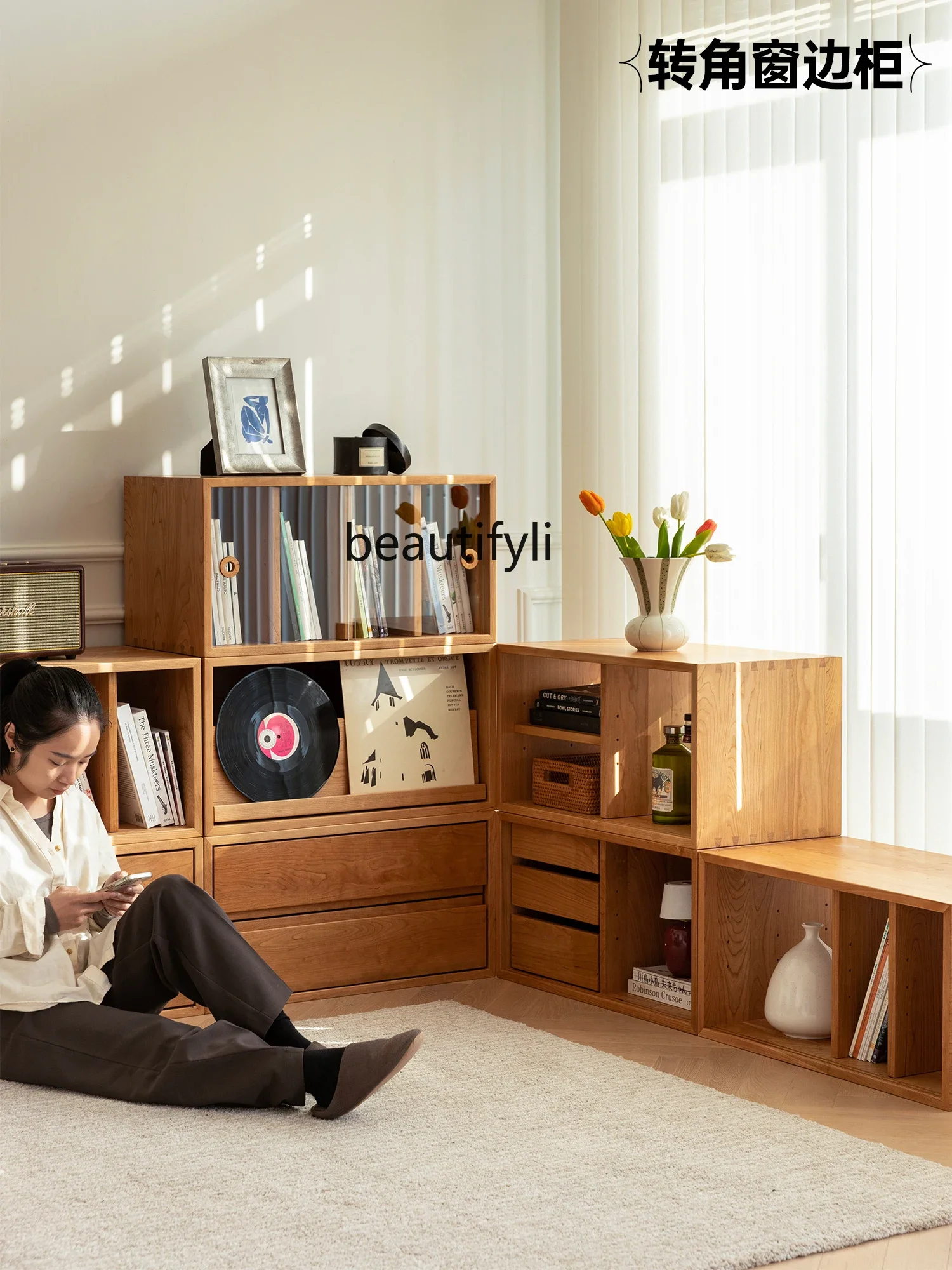 

07Assembled Cabinet Solid Wood Module Bookcase Free Combination Japanese Cabinet Living Room Storage Storage Household Cabinet
