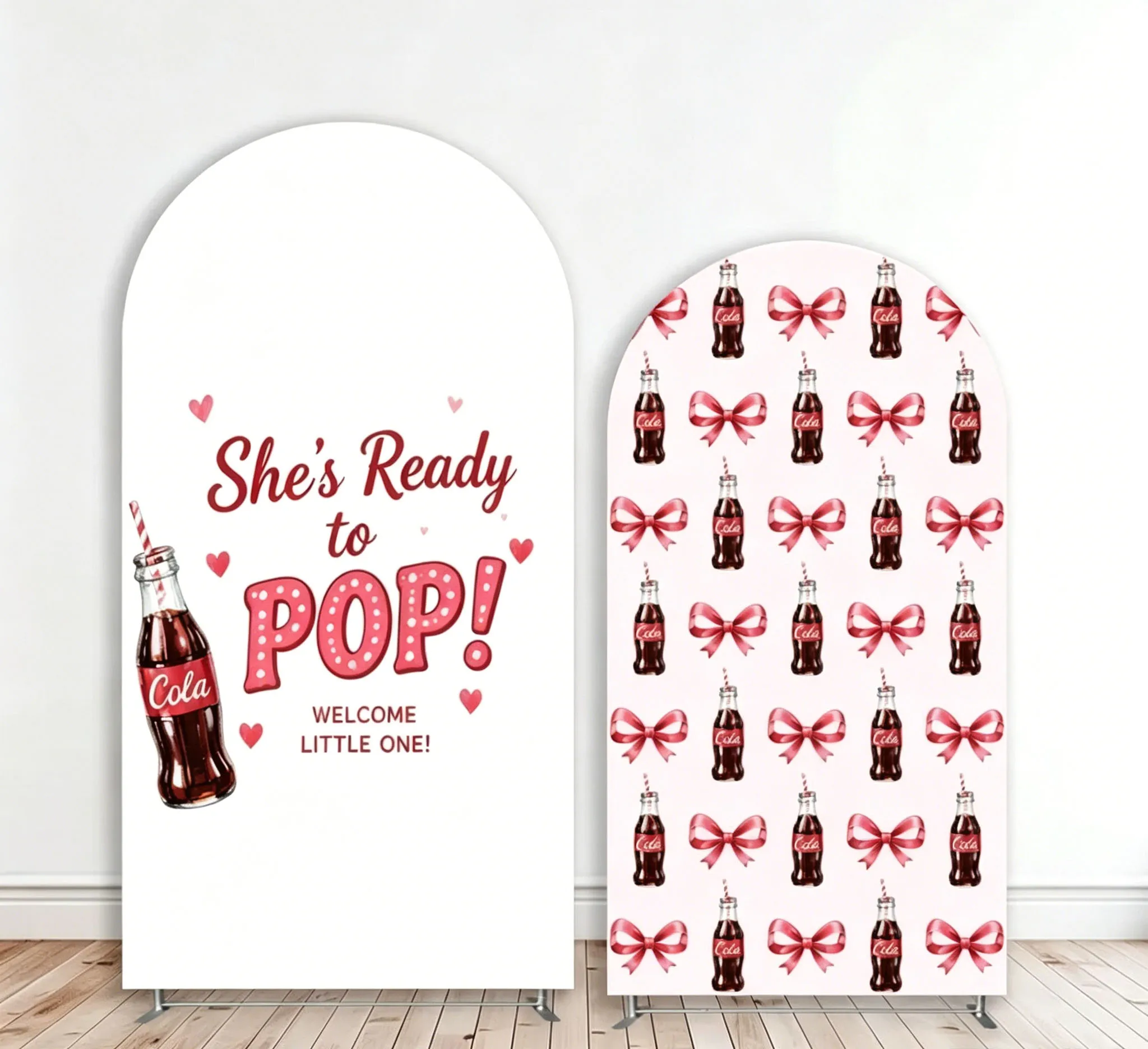 Custom 2-Side She's Ready to Pop Baby Shower Arch Backdrop Cover Soda Bow Diy Name Age Birthday Party Decor Backdrop Photo