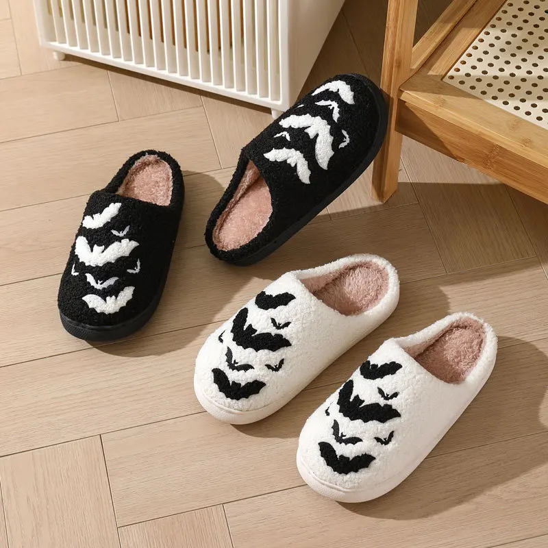 Halloween Bat Pattern Embroidered Plush Home Thick-Soled Comfortable Woolen Cotton Slippers  Warm Non-Slip Indoor Slippers view 4
