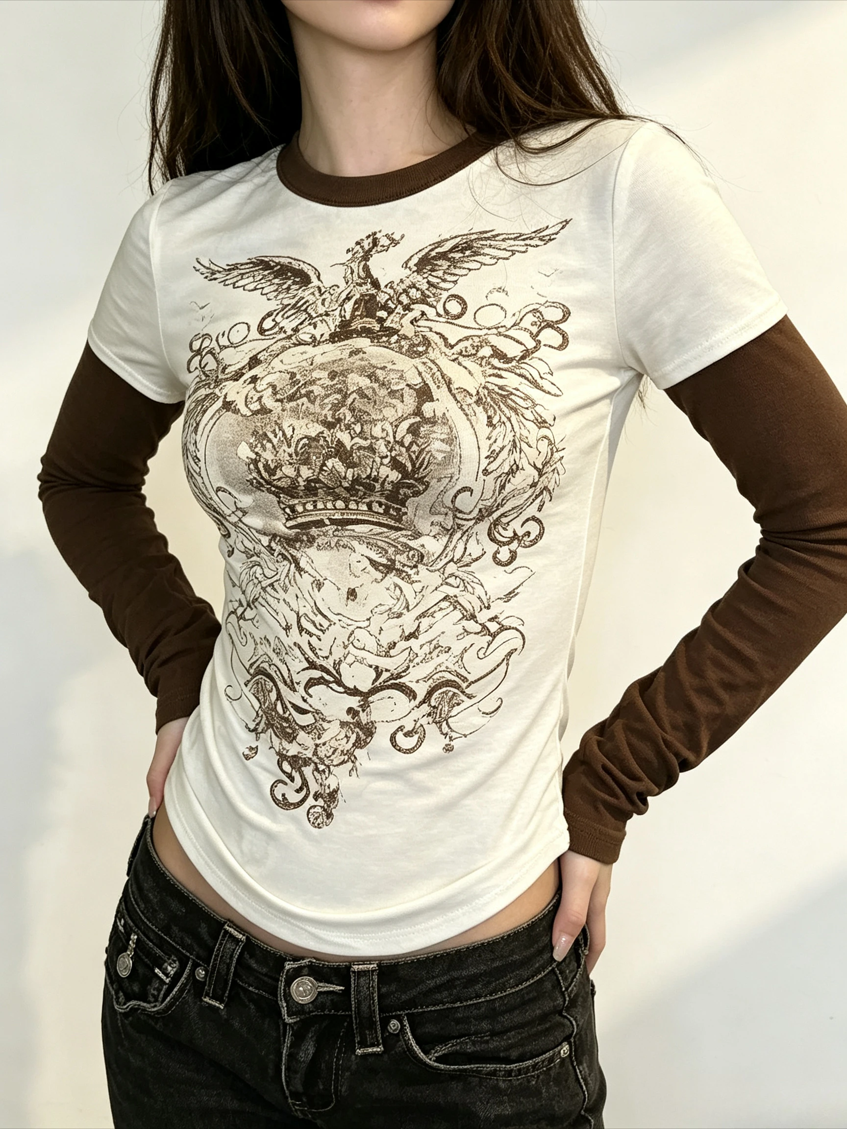 Vintage Crown Eagle Print Layered Long Sleeve Top White Brown Contrast Slim Fit Fake Two Piece Graphic Tee Retro Antique Print