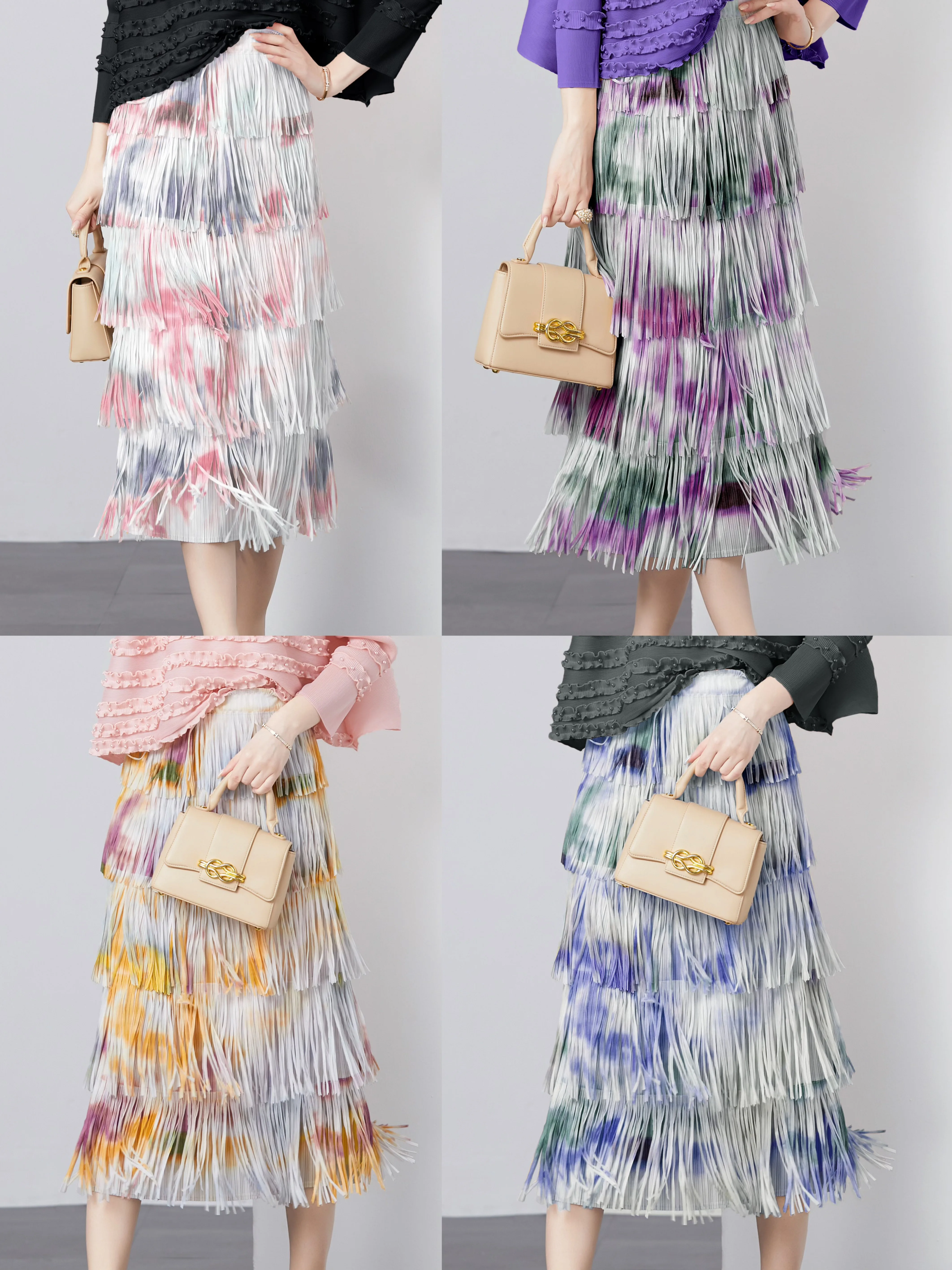 Miyake Pleated Retro Tie Dye Sweet Temperament Tassel Skirt Versatile Temperament Age Reducing Summer Korean Version High Waist