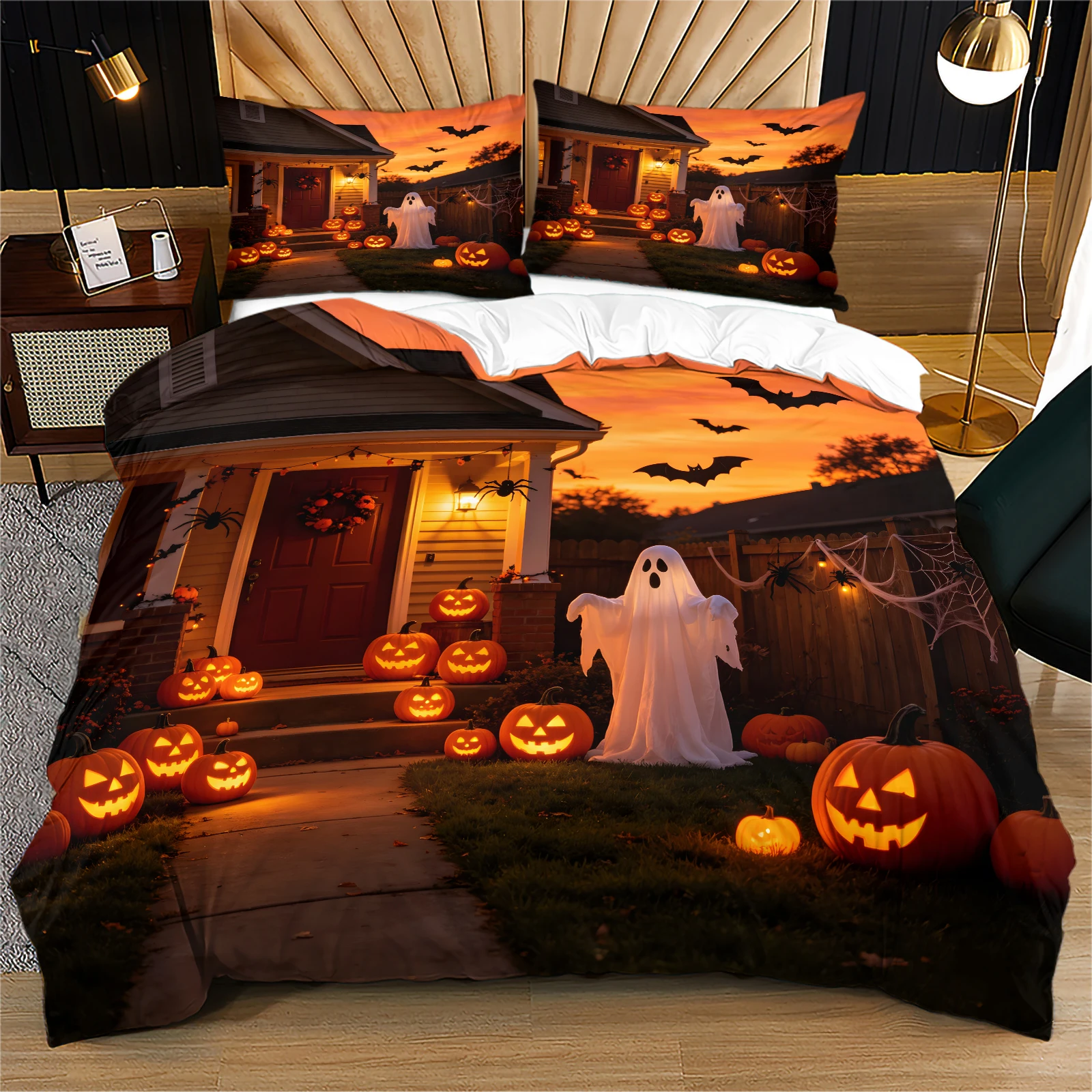 Halloween Duvet Cover Set Spooky House Ghost Pumpkin Bat Scene Bedding Set Holiday Bedroom Single Twin Full Queen King Size