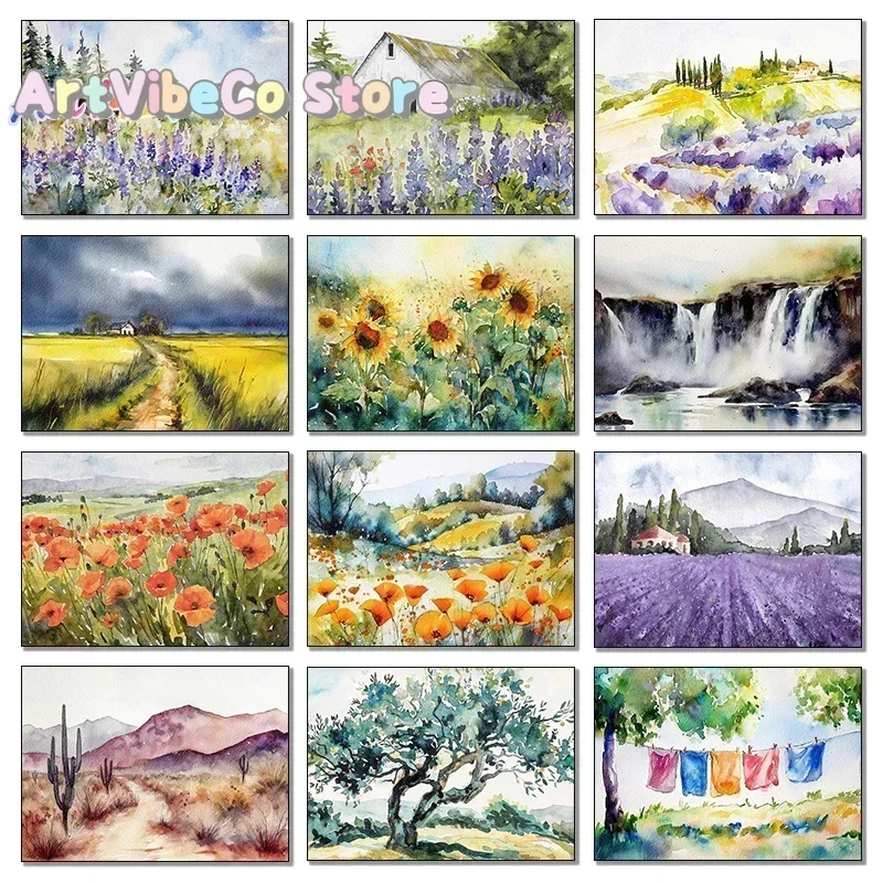 Purple Lavender Sunflower Vintage Country Watercolor Illustration Poster Canvas Paintings Wall Art Pictures Home Decor