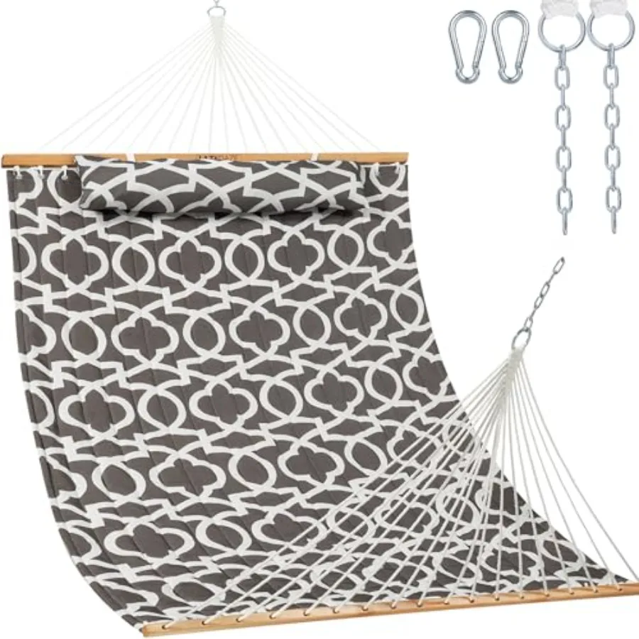 

Outdoor double 2-person quilted fabric hammock with soft pillow, spreader bar, for patio/garden/yards; beige cotton-polyester b