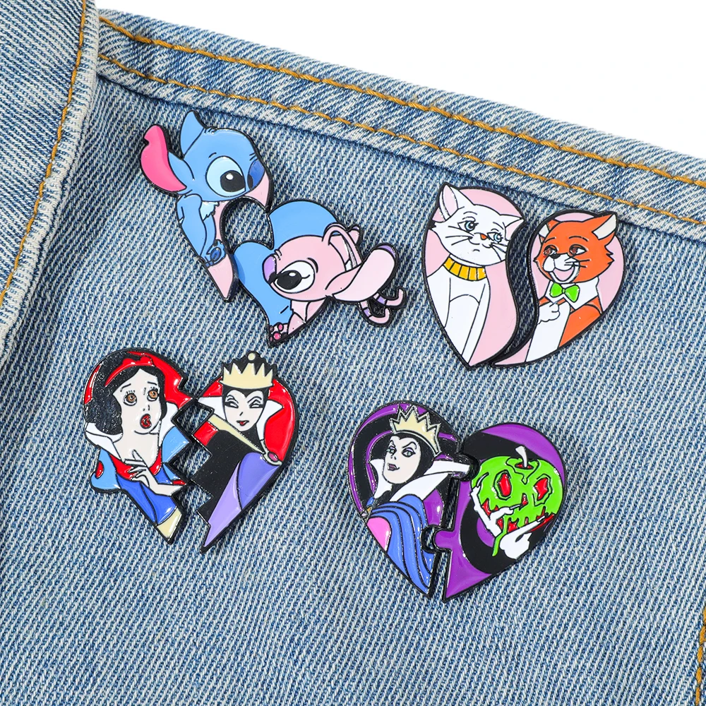 Broches de corazón de pareja de dibujos animados, 1 par de alfileres esmaltados de Cenicienta de punto, joyería inspirada, regalo para ella, alfileres esmaltados de cumpleaños
